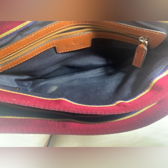 Brooks Brothers Brown Leather Red Multi Striped Fabric Crossbody Bag Purse - Picture 15 of 16